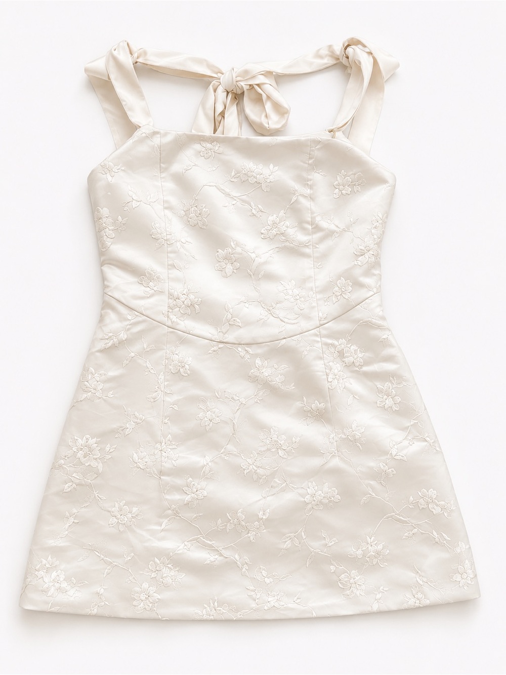 Petal & Pup Ivory Floral Jacquard Mini Dress L | Bridal Shower Bow Cottagecore